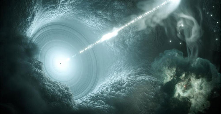 Đồ họa mô phỏng về nguồn phát vừa phóng ra neutrino đồng thời với tia vũ trụ với tốc độ nhanh khủng khiếp.